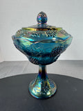 Indiana Blue Carnival Glass Harvest Grape Covered Compote