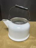 Vintage White Enamel Tea Kettle w/Wooden Handle *See Description