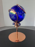 Blue Blown Glass Vintage Gazing Ball with Copper Stand