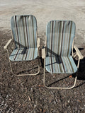 Pair of Blue & Brown Striped Folding Lawn Chairs