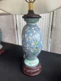 Pair of Asian Inspired Blue Floral Ceramic & Wooden Lamps (WORKS)