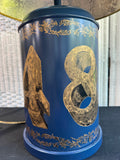 Blue Metal Tole Painted Tea Canister Lamp with Black Shade (WORKS)