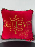 Believe Embroidered Velvet Holiday Throw Pillow