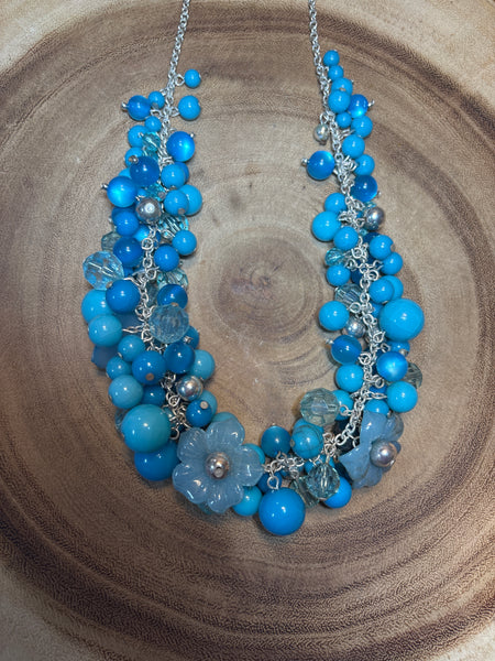 Blue Beaded Choker with Flower Accents