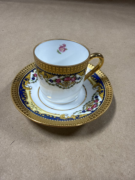 (J) Legle Limoges France Blue And Gold Teacup And Saucer — Inner Pink Rose Flower