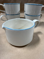 9 Piece Stoneware With Blue Trim Coffee Mugs And Creamer