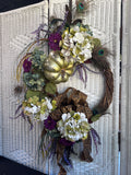 Large Wreath with Hydrangea, Pumpkin & Peacock Feathers