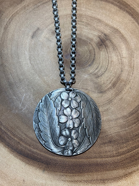 Silver Tone Necklace with Large Floral Medallion
