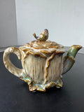 Majolica Style Vintage Cabbage Leaf Teapot with Bird