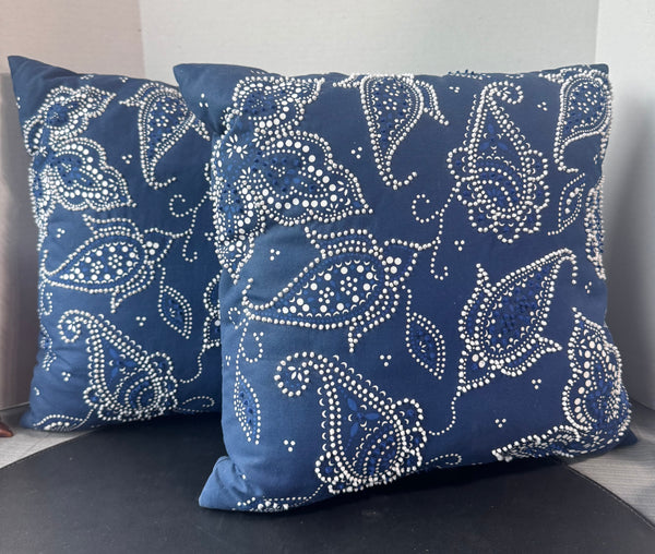 Pair of Navy & White Paisley Embellished Throw Pillows
