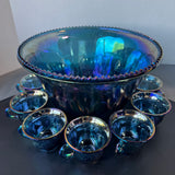 25-Piece Indiana Glass Blue Iridescent Carnival Glass Princess Punch Bowl Set in Box