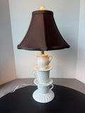 White Ceramic Teacup Stack Lamp with Brown Shade (WORKS)