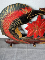Hand Carved & Painted Dual Fish Lotus Wooden Wall Hanging with Pegs