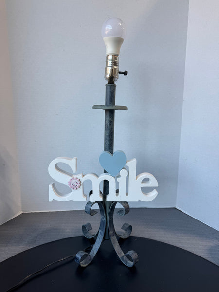 Hand Made Blue Washed Metal Scroll “Smile” Table Lamp (WORKS)