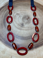 Red Oval Links on Blue Ribbon Necklace