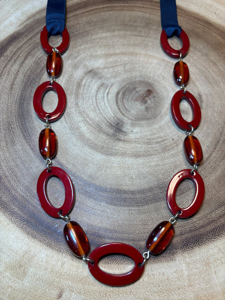 Red Oval Links on Blue Ribbon Necklace