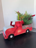 Farmhouse Style Wooden Red Pickup with Galvanized Tin Accents and Faux Holiday Picks