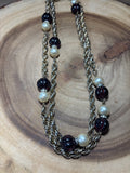 Long Gold Tone Chain with Purple & Faux Pearl Beads
