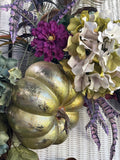 Large Wreath with Hydrangea, Pumpkin & Peacock Feathers