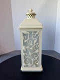 Cream Botanical Scroll Heavyweight Metal Lantern with Flameless Candle (WORKS)