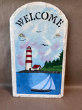 Arched Hand Painted Lighthouse Welcome Sign - Stone Slab
