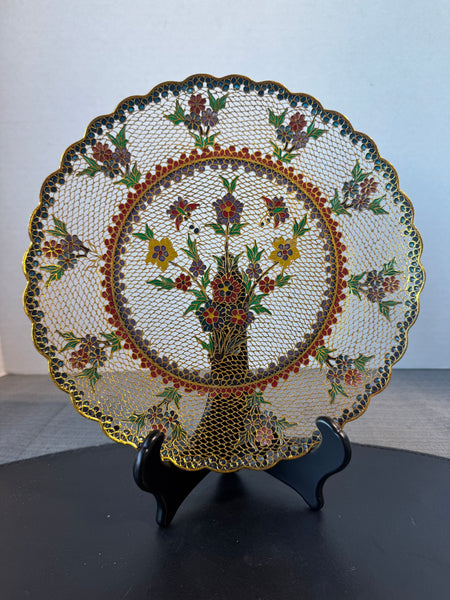 Plique-à-Jour Vintage Cloissone Floral Filigree Plate with Stand