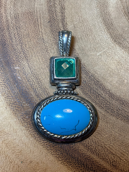 Silver Tone Pendant with Blue & Green Stones