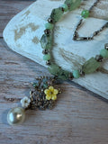 Double Layered Green Gemstone Beaded Necklace with Floral Pendant & Earrings Set
