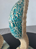 Pair of Sand Textured & Blue Glass Mosaic Seahorse Pillar Candle Holders