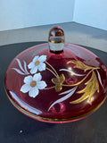 (A) Bohemia Czech Republic Cranberry Crystalex Handpainted Floral 3-Toed Candy Dish