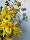 Faux Forsythia & Eucalyptus Arrangement in Signed Studio Pottery Vase
