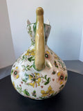 Large Italian Style Crackled Ceramic Floral Pitcher Vase