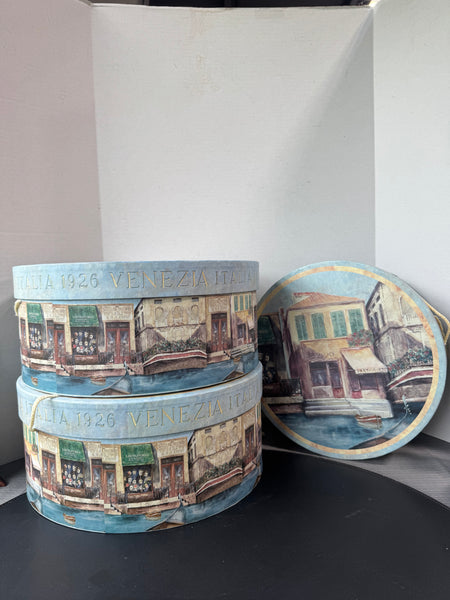 (G) Trio of Italian Motif Round Decorative Boxes