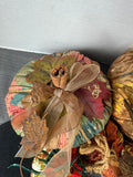 Lot of 5 Bohemian Patchwork Fabric Pumpkins with Rustic Metal Leaf Garland