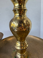 Pair of Large Etched Brass Candlesticks with Drip Pans