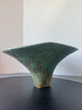 Signed Handcrafted Green Raku Pedestal Pottery Bowl