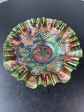 Fenton Grapes Vintage Green Carnival Glass Ruffled Bowl