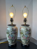 Pair of Asian Inspired Floral Fruit Ceramic Urn Lamps (WORKS)