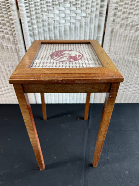 (B) Needlepoint Accented Glass Top Wooden Table or Plant Stand AS IS (READ DESCRIPTION CAREFULLY)