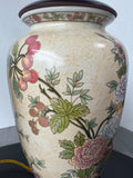 Pair of Asian Inspired Floral Fruit Ceramic Urn Lamps (WORKS)