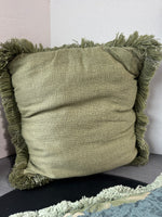 Botanical Tapestry & Solid Green Fringed Throw Pillows