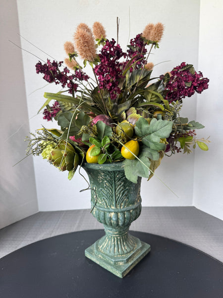 Faux Floral, Fruit & Artichoke Arrangement in Resin Urn
