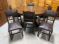 1880's German/French Huntsman's Hand Carved Oak Dining Table with Leaf, and (6) Henry II Revival Chairs ***HEAVY ITEM***READ DESCRIPTION CAREFULLY***