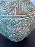 Bohemian Style Heavyweight Etched Pottery Vase with Multicolored Patina