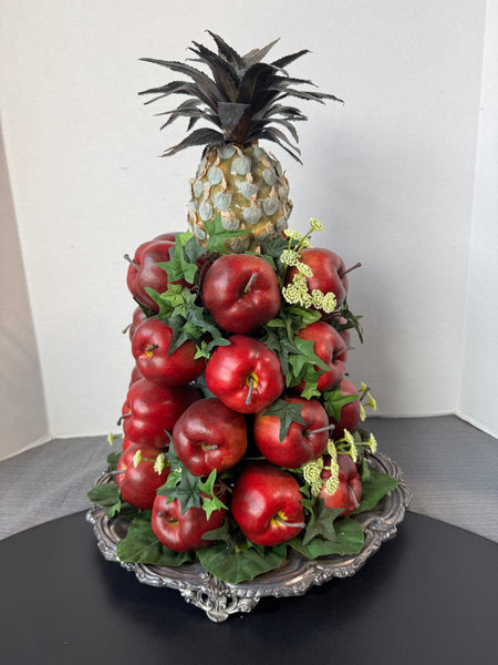 Colonial Williamsburg Faux Apple & Pineapple Cone on Vintage Silver Plate Footed Tray