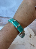 Turquoise Enamel & Silver Tone Hinged Cuff Bracelet