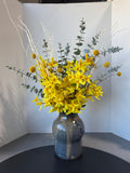 Faux Forsythia & Eucalyptus Arrangement in Signed Studio Pottery Vase