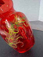 Holly Berries Hand Painted Red Glass Vase