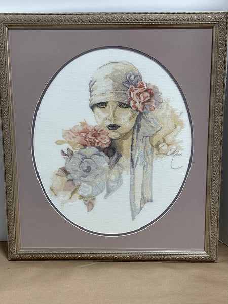 Cross Stitched 1920’s Woman with Flowers