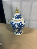 Blue & White Chinoiserie Glass Ginger Jar Ornament with Painted Green Boxwood Wreath on Front,5 1/2" height,  2 Available, PRICED INDIVIDUALLY